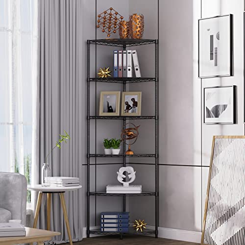 NSF 6-Tier Metal Corner Shelf Wire Shelving Unit - 420 lbs Capacity, Adjustable, with leveling feet & Waterproof Shelf Liners - Ideal for Garage, Kitchen, and More - 72" H x 18" L x 18" D - Black pouseayar