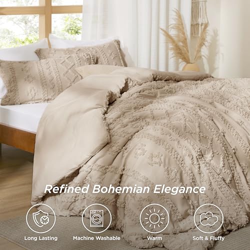 Bedsure Tufted Boho Comforter Set Full Size - Khaki Boho Bed Set, GentleSoft™ 3 Pieces Farmhouse Shabby Chic Embroidery Bedding, Gifts for Woman, Soft Jacquard Full Comforter for All Seasons Bedsure