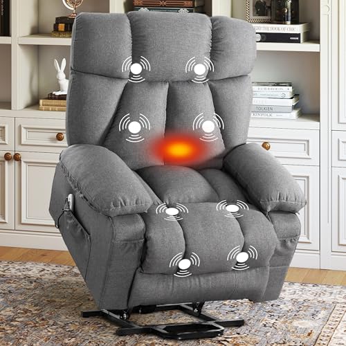 jonpony Power Lift Recliner Chair for Elderly, Big and Tall Lift Chair with Massage and Heat for Living Room, Fabric Electric Recliner Chairs with 4 Side Pockets, USB Charge Port,Grey
