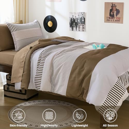 Cottolester Brown Comforter Set Twin Size,Classic Striped Comforters for Girls,5 Pieces Bed in A Bag Simple Neutral-Style Bedding Sets for Kids Teen Cottolester