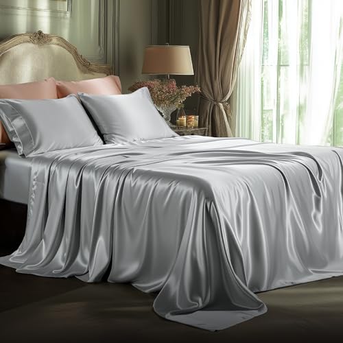 Bedsure Satin Sheets Full Size - 4 Piece Silky Bedsheets with 15 Inches Deep Pocket Fitted Bedsheet,1 Flat Sheet, 2 Satin Pillowcases, Good for Hair & Skin (Full, Silver Grey) Bedsure