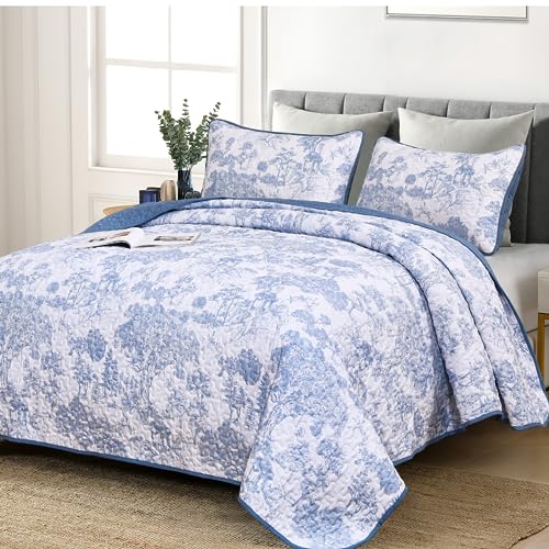 WONGS BEDDING Blue Quilt Set King Size, 3 Pieces Botanical Bedspreads Set Lightweight Microfiber Blue Toile Plants Pattern Coverlet Home Decor for All Seasons(104"×90") WONGS BEDDING
