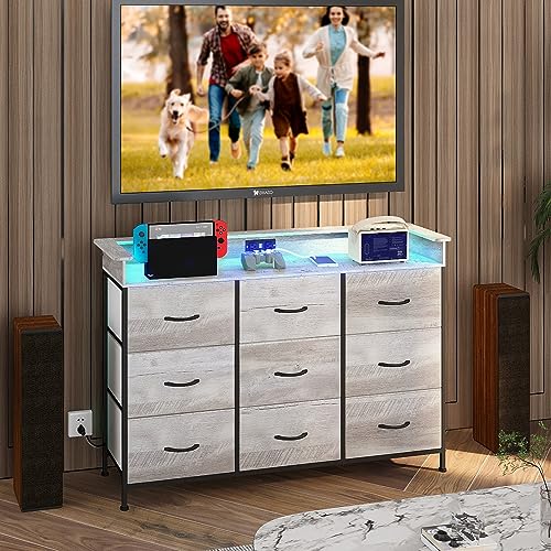 EXOTICA Dresser with Charge Station 9 Drawers Dresser for Bedroom with LED Lights Tall Wide Fabric Dressers & Chests of Drawers for Closet Hallway Entryway Sturdy Steel Frame Wood Top EXOTICA