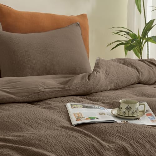 Simple&Opulence Linen Muslin Duvet Cover Set Queen Size, 3Pcs Brown Linen Cotton 3-Layer Gauze Minimalist Comforter Cover 88”x92”, Ultra Soft Breathable Seersucker Bedding Set with 2 Pillowcases Simple&Opulence