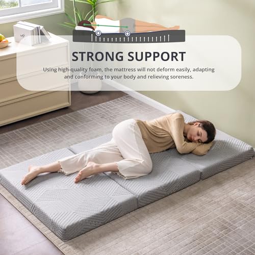 CH Charme House Folding Mattress, 4 Inch Single Tri Folding Memory Foam Mattress for Camping Guest Bed, Washable Cover & Non-Slip Bottom, 75" x 25" x 4", Grey CH CHARME HOUSE