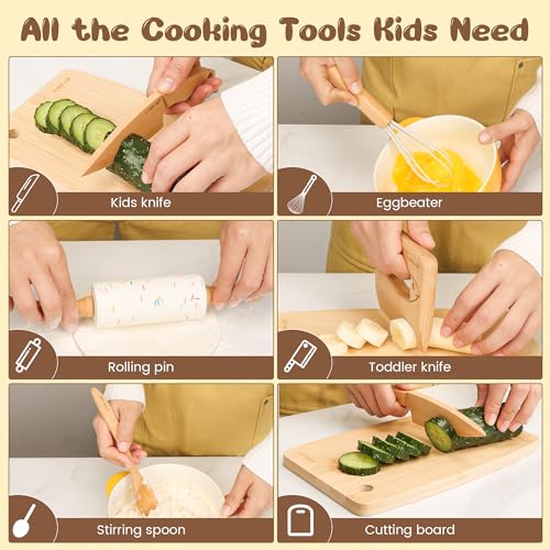 LUOLAO Wooden Kids Safe Knife and Kids Baking Set for Real Cooking, 6 PCS Toddler Montessori Kitchen Tools, Cooking and Baking for Kids Little Chefs LUOLAO