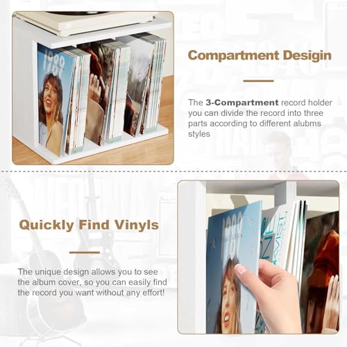 Emfogo Record Player Stand with Vinyl Record Storage, Turntable Stand Wall Mount Up to 80-100 Albums, 3-Compartment Vinyl Record Holder, White Emfogo