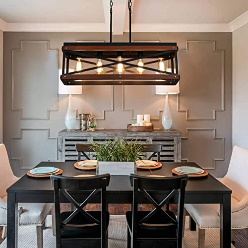 Rustic Farmhouse Kitchen Island Lighting, Wood and Metal Linear Chandelier, 5 Lights Industrial Pendant Light Fixture for Kitchen Island Dining Room Living Room Table, Black Fivess Lighting