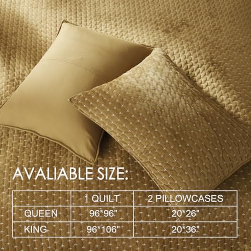 Powdion Velvet Quilt King Size,Bedspread Quilted Bedding Set,Luxurious Soft Coverlet Set Lightweight Velvet Comforter with Pillow Shams Brown, 96x106 Cross Stitch Striped Quilt Set Powdion