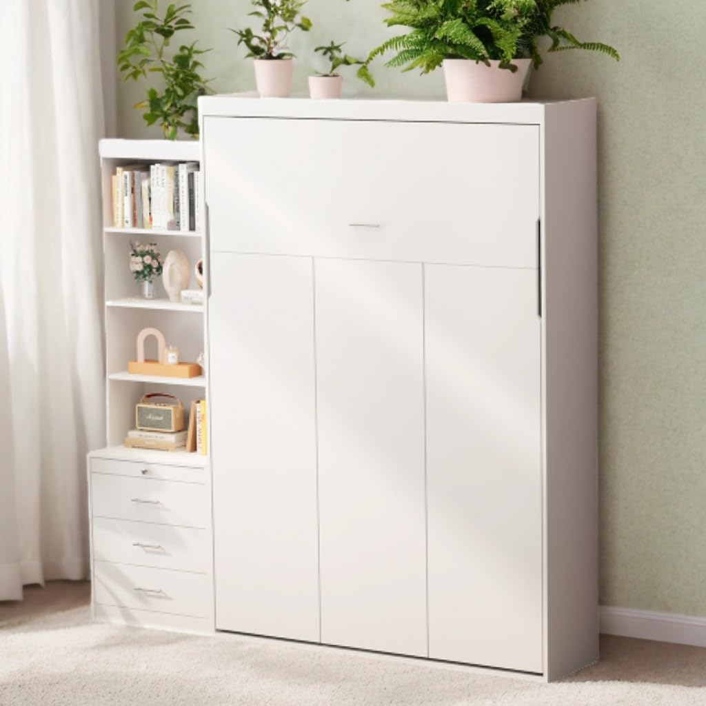 FAVSH Full Size Murphy Bed Cabinet with Shelf and Drawers, Plywood Hidden Beds,Wall Bedframe for Bedroom,Space-Saving, Noise Free, White FAVSH