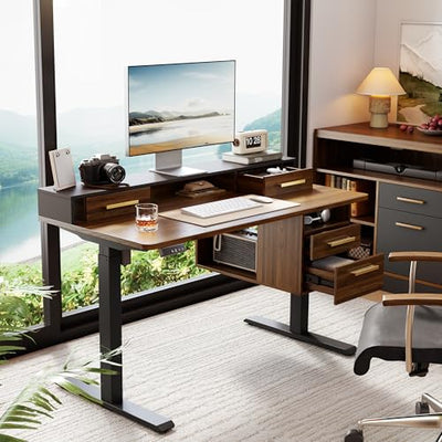ModernMate Electric Standing Desk with 4 Drawers, 47.2 x 23.6 Inch Height Adjustable Whole Piece Sit Stand Desk, Computer Home Office Workstation with Open Storage Shelf, Black Walnut
