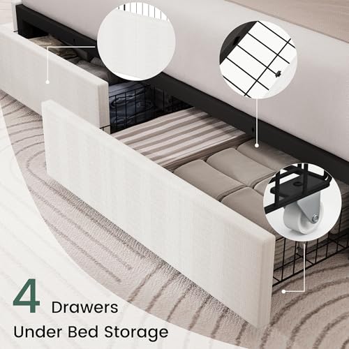 LARMACE Queen Size Bed Frame with 4 Storage Drawers and Wingback Headboard Linen Upholstered Platform Bed Frame with Wooden Slats, Easy Assembly, White LARMACE