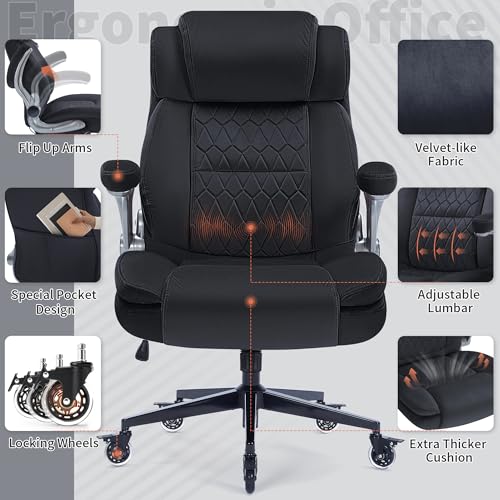 High Back Office Chair 400lbs Fabric- Thick Padded Cloth Computer Desk Chair, Adjustable Lumbar Support & Flip-Up Arms, Locking Wheels - Ergonomic Durable Work Chair for Adults, Men and Women Sunchen