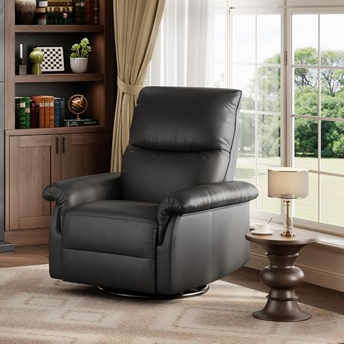 IDEALHOUSE Manual Recliner Chair, 360° Swivel Rocker Glider Recliner with Padded Armrests, Modern PU Leather Upholstered Reclining Chair for Living Room Bedroom and Nursery (Dark Black)
