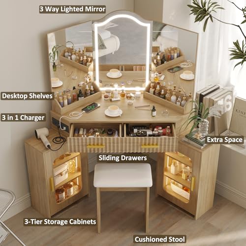 ZKIODV Corner Vanity Desk with 3 Way Mirror & LED Lights, Makeup Table Set with Charging Station, Storage Drawers & Cabinets, Modern Dressing Table with Stool for Bedroom, Women & Girls Gift (Oak) ZKIODV