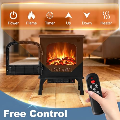 DUMOS Electric Fireplace Heater, 26” Freestanding Electric Fireplace Stove with 3D Flame Effect & Remote Control, Stylish Stove for Home with Safety Features, Adjustable Heat & 12H Timer, Charcoal DUMOS