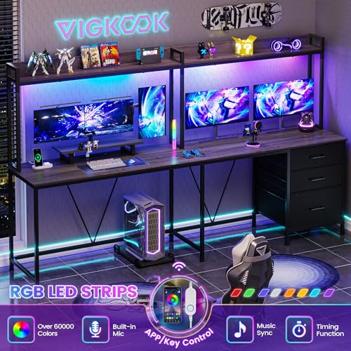 VIGKOOK L Shaped Gaming Desk with Shelves, Reversible Computer Desk with Power Outlet & LED Lights, Home Office Desks Writing Desk with 3 Drawers Monitor Stand Storage Hutch (Grey) VIGKOOK