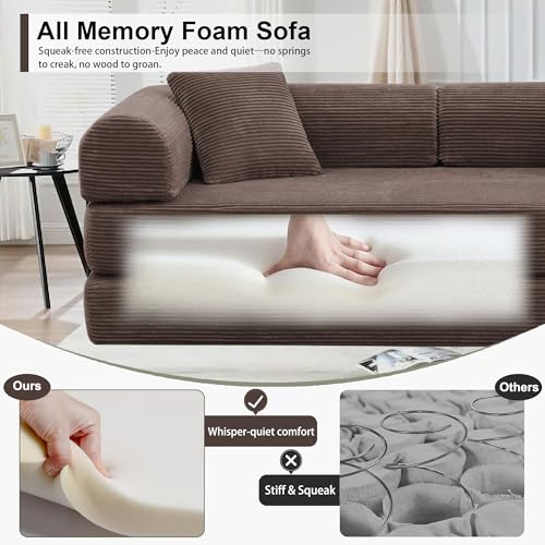 JJJ 63 inch Sofa Bed 4-in-1 Boneless Convertible Corduroy Sleeper Folding Couch with Fixed-Shape Frame and 2 Futons No Assemble Required 3 Seater Upholstered for Living Room (Brown, 63 inch) JJJ