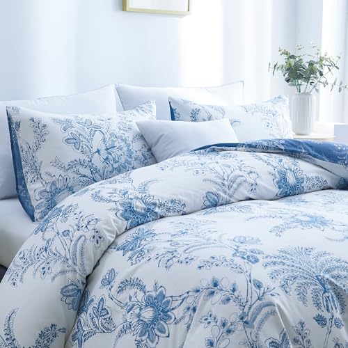 BOLINLIVING Floral Duvet Cover Full Size 3 Pieces, Flower Duvet Cover with 2 Pillow Shams, Soft Floral Bedding Set White and Blue for All Season, Breathable, Zipper Closure… BOLINLIVING