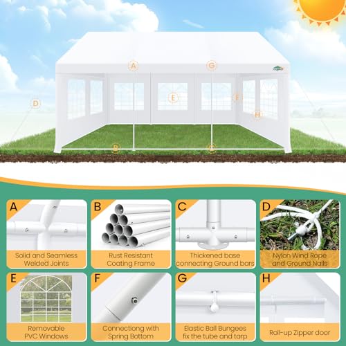 COBIZI 20x20 Party Tents Heavy Duty Tent, Tents for Parties with 6 Removable Sidewalls & 4 Built-in Sandbags, Wedding Tent for Party Outside UV50+ Waterproof, White COBIZI