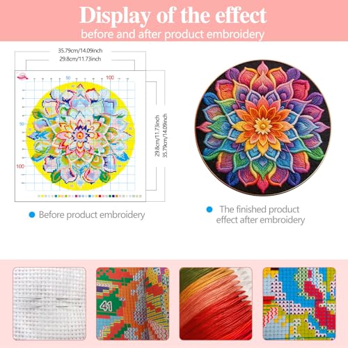 Zhenqing Mandala Cross Stitch Kit for Beginners, 11CT Printed 36x36cm, Full Stitch Colorful Flower Design with Threads & Instructions (70817)