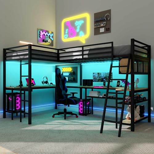 LUMISOL Twin Size Double Loft Bed with LED and Storage Shelves, Metal L-Shaped Loft Bed with 2 Built-in Desks and 2 Charging Stations, Black LUMISOL