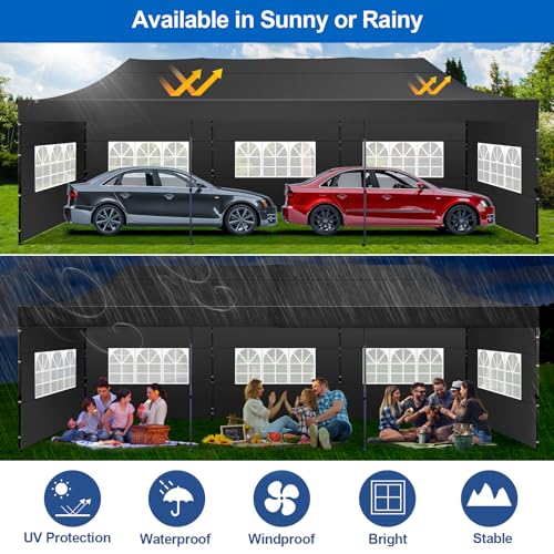 COBIZI 10x30 Pop up Canopy Tent 10x30 Canopy with 8 Sidewalls Waterproof Heavy Duty Commercial Tent for Parties Outdoor Garden Gazebo, Carry Bag with Wheel(10x30ft, Black) COBIZI