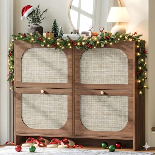 Nicetree Freestanding Ultra Slim Arched Rattan Accent Shoe Storage Cabinet for Entryway - 4 Flip Drawers & 3-Tier Adjustable Shelves, Farmhouse Modern Rustic Shoe Rack for Hallway, Foyer Oak Nicetree