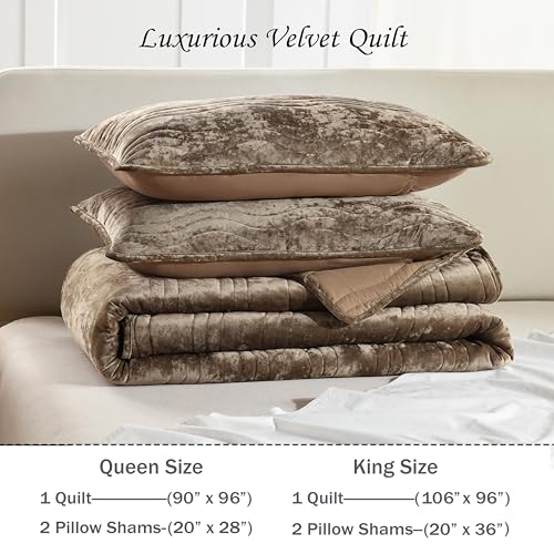 AJOCCI Velvet Quilt Set, Mocha Brown Velvet Quilt King Size Comforter Set, Luxury Bedding Soft Plush Bedspread, Machine Washable Coverlet, All-Season 3 Pieces AJOCCI