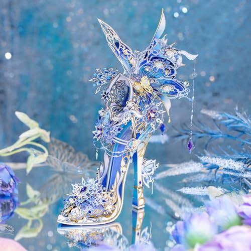 MU Metal Puzzles for Adults Wedding Ice Blue Shoe Cinderella Shoes Puzzle 3D Metal Model Kits Building, DIY Sets Xmas Birthday Wedding Girfriend Gifts Home Desk Decor Craft Projects