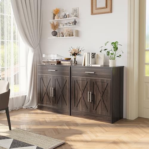 Shintenchi Farmhouse Storage Cabinets with doors and shelves,kitchen Barn Door storage cabinet with drawers,Coffee Bar Cabinet Buffest Sideboard for Dining Living Room,Bathroom,Entryway,Dark Brown Shintenchi