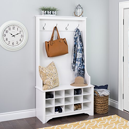 Prepac Entryway Organizer with 4 Coat Hooks, Coat Rack Hall Tree with Bench and Coat Storage, Furniture for Entryway with 15 Cubbies for Shoe Storage, 38” W x 68” H x 15.5” D, White Prepac