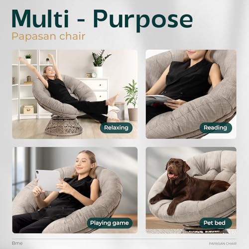 Bme 40" Ergonomic Wicker Papasan Chair with Soft Thick Density Fabric Cushion, High Capacity Steel Frame, 360 Degree Swivel for Living, Bedroom, Reading Room, Lounge, Silver Cloud - Brown Base Bme