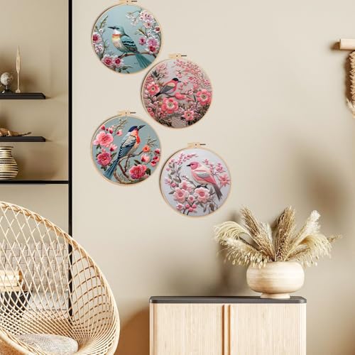 FONNUY Embroidery Kit for Beginners, Hummingbird Flowers Pre-Stamped Pattern Kits for Adults with Hoop, Easy to Follow Color Thread Needlework, 8''Hoop (Lightpink)