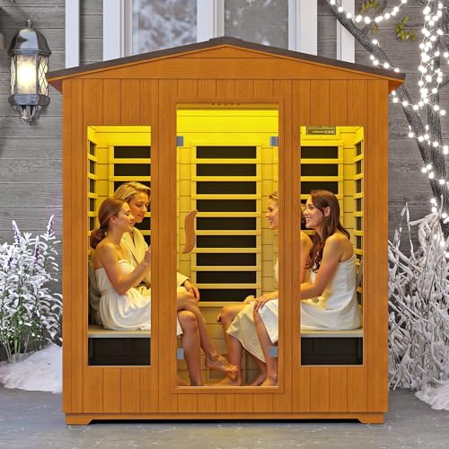 RESTISLAND Outdoor Sauna 4 Person, Far Infrared Sauna for Home Low EMF, Wooden Spa Dry Saunas Room with Infrared Lighting and Integrated Speakers, 7 Colors Chromotherapy for Indoor and Gym RESTISLAND