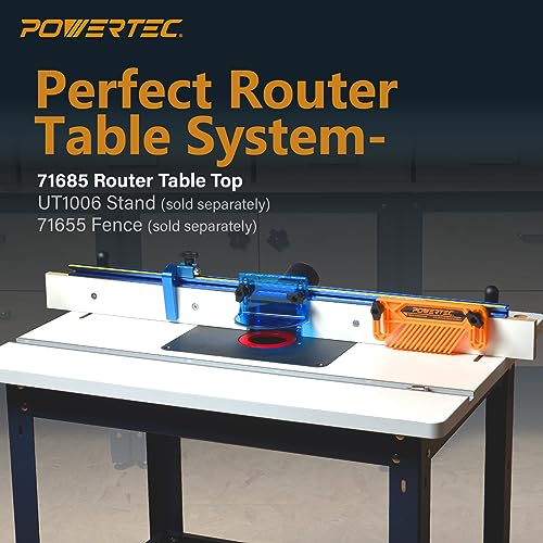 POWERTEC Router Table Top 24” x 32” w/Phenolic Template Precision Router Base with Insert Plate & Rings for Woodworking (71685) POWERTEC