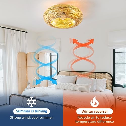 ainqiant Boho Caged Ceiling Fan with Light Flush Mount, 20 Inch Enclosed Rattan Ceiling Fans with Lights and Remote Control,Low Profile 6 Speeds for Bedroom, Living Room ainqiant