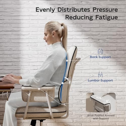 Fabric Office Chair with Granular Linen, Mid Back Vintage Desk Chair with Wheels and Wide Arms, Mid Century Modern Home Office Desk Chairs with Memory Foam Seat Cushion, Adjustable Height, White HomeZeer
