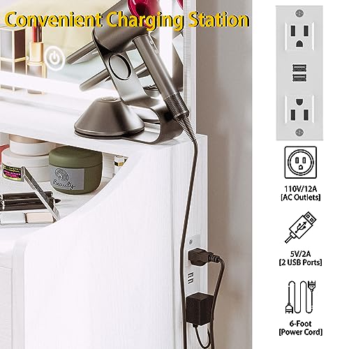 LIKIMIO Small Makeup Vanity Desk with Mirror and Lights, Vanity Table Set with Storage Drawer & Chair & 3 Shelves, Bedroom, White LIKIMIO