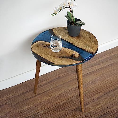 20" Resin Walnut Round Side Table | Epoxy End Table | Coffee Table | Mid Century Modern Resin Walnut | Living Room Furniture | Blue Color Ultimate Premium Products