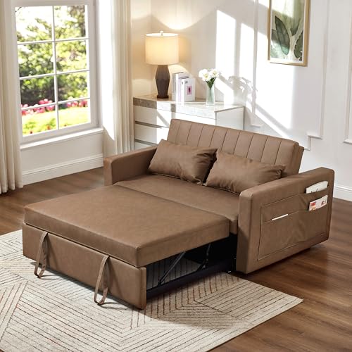 N NOORDENIYA 55'' Leather Sofa Bed, Pull Out Sleeper Sofa Couch Bed, Loveseat Sleeper, Futon Sofa Couch with Side Pocket, Convertible Sofa Bed for Living Room, Apartment, Bedroom, RV, Brown N NOORDENIYA