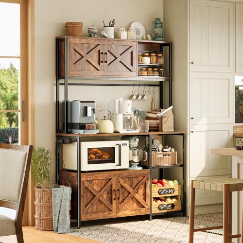Huuger Large Bakers Rack with Power Outlet, Kitchen Microwave Stand with Cabinets, Coffee Bar Table Station with Storage, 6 S-Shaped Hooks, Mesh Shelves, 45 Inch Wooden Top, Rustic Brown