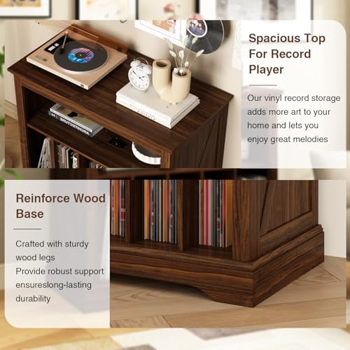 RowyPoey Large Farmhouse Record Player Stand, Turntable Stand with Vinyl Storage, Wood Record Holder Storage Cabinet Dispaly Shelf for Living Room, Bedroom, Office, Brown RowyPoey