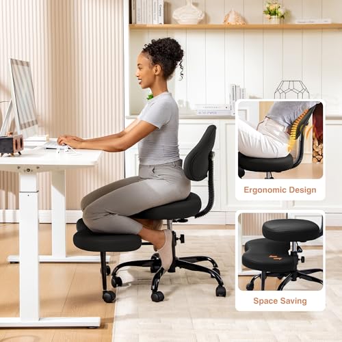 AtHope Cross Legged Office Chair, Criss Cross Desk Chair ADHD Meditation Kneeling Yoga Seat with Adjustable Height, Lumbar Support, Wider Footrest and Wheels (Black) AtHope