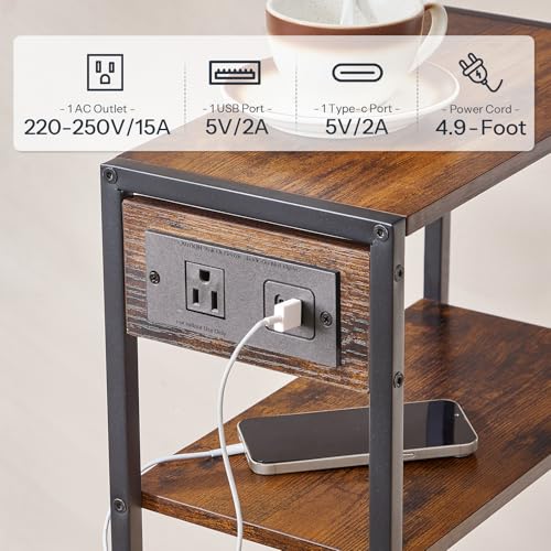 HOOBRO 15.7" Narrow Console Table with Charging Station, 3 Tier Entryway Table for Small Space, Behind Couch Table, Sofa Table, for Entryway, Hallway, Living Room, Rustic Brown and Black BF42UXG01 HOOBRO