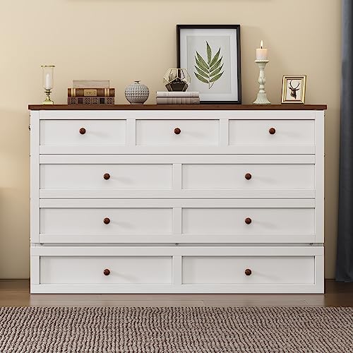 Full Size Solid Pine Murphy Bed Chest with Charging Station and Large Storage Drawe,Folding Feature Perfect for Home Office or Small Room. Brabrety