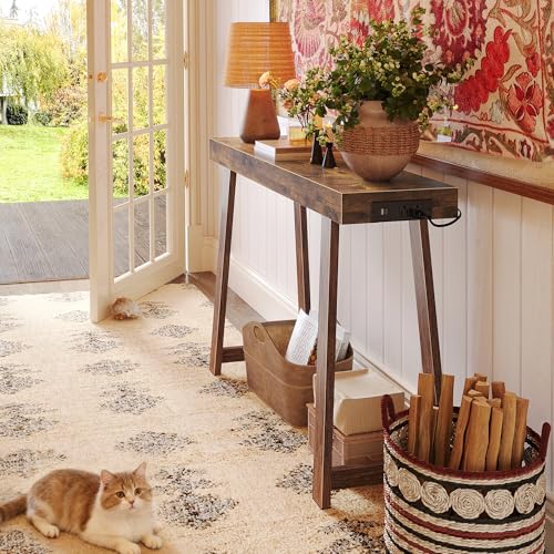 Huuger Entryway Console Table with Charging Station, USB-C Port, 39.4 Inch Sofa Table with Metal Legs, Entry Hallway Table with Thicker Desktop, Modern Behind Couch Table, Rustic Brown Huuger