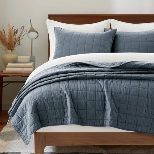 EVERGRACEHOME 100% Cotton Box Stitch Quilt Bedding Set King Size 3 Pieces, Garment-Washed Lightweight Soft Cozy Coverlet, Oversized Quilted Bedspread Sets with 2 Shams for All Season, Midnight Blue EVERGRACEHOME