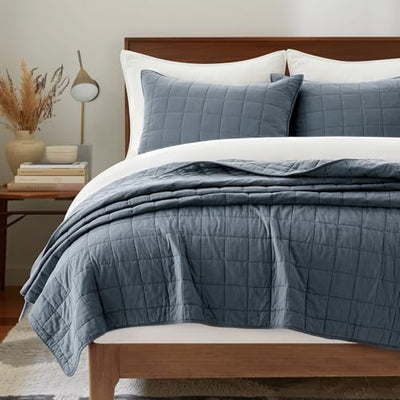 EVERGRACEHOME 100% Cotton Box Stitch Quilt Bedding Set King Size 3 Pieces, Garment-Washed Lightweight Soft Cozy Coverlet, Oversized Quilted Bedspread Sets with 2 Shams for All Season, Midnight Blue