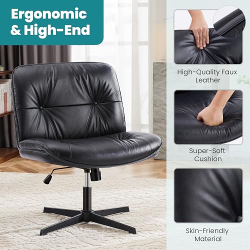 OLIXIS Criss Cross Chair Without Wheels, Cross Legged Office Chair, Armless Wide Vanity Desk Chair with Comfy PU Leather& Back - Swivel for Home Office Bedroom, Black OLIXIS